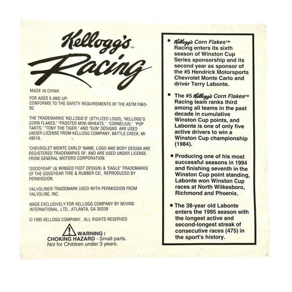 1995 Kelloggs Racing Terry Labonte 1/64 Diecast Chevrolet Monte Carlo Mini Car - Picture 2 of 5